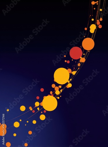 Abstract gradient background featuring a curved arc with orange, red, and yellow circles, decreasing in size along thin, trailing lines against a dark blue backdrop