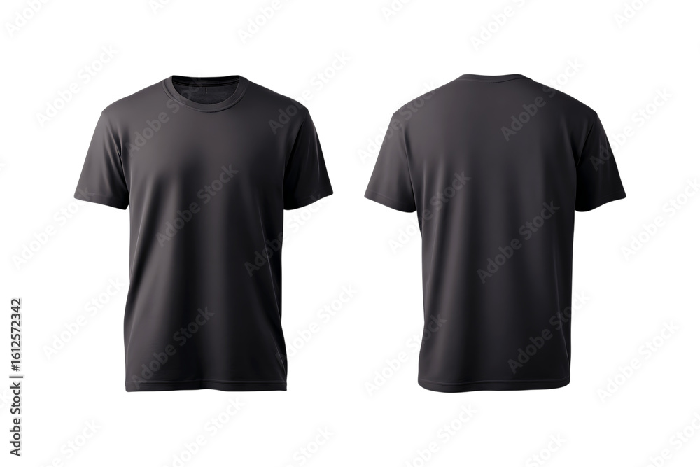Fototapeta premium Two views of a plain dark gray short sleeve t shirt shown from the front and back isolated on transparent background