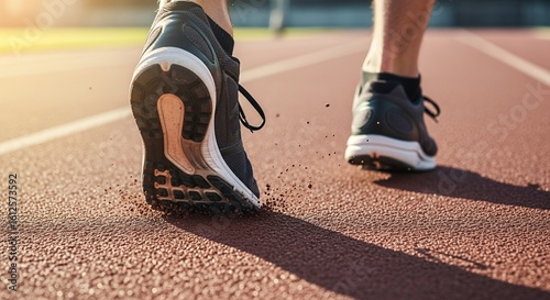 Running shoes on a track closeup view of feet during a race