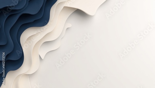Abstract layered background with wavy shapes in shades of dark blue and light beige, creating a 3D effect. The design mimics topographic maps