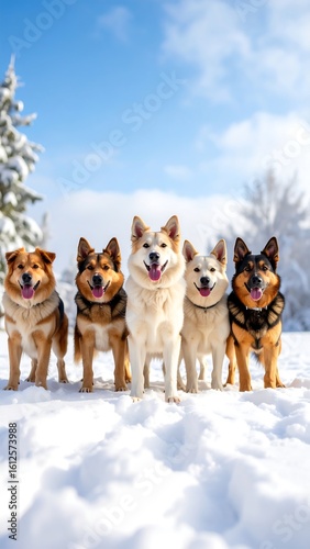 Five dogs in snowy landscape