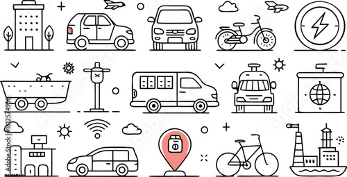 Collection of transportation and city icons with buildings and weather elements bicycle motorcycle