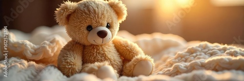 Close-up of a comforting, plush teddy bear sitting on a soft, knitted blanket, bathed in warm, gentle light Perfect for themes of childhood, comfort, security, and nurturing , home, cozy