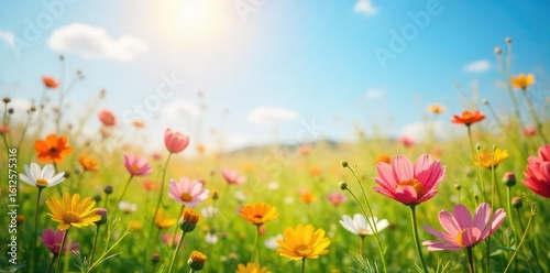 A sun-drenched field of wildflowers swaying gently in the breeze, embodying carefree joy and natural beauty Perfect for themes of serenity, optimism, and vibrant springtime , bloom, joyful, delight