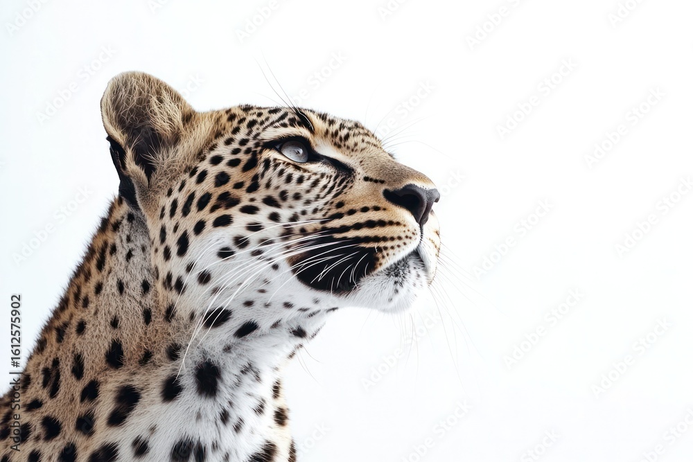 Fototapeta premium Leopard Stare: A close-up portrait of a majestic leopard gazing skyward, showcasing its distinctive spotted coat, penetrating gaze, and powerful presence. 