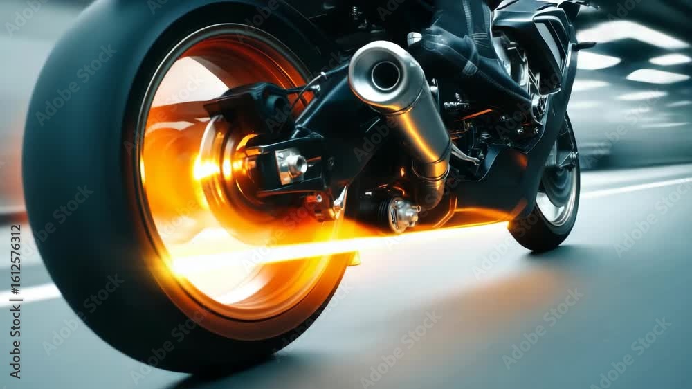 High-speed motorcycle riding at night with glowing wheels on a city street High-speed motorcycle riding at night with glowing wheels on a city street