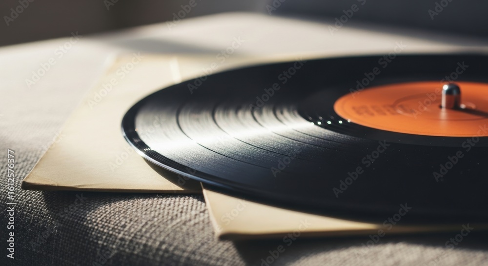 Fototapeta premium Close-up of Vintage Vinyl Record on Textured Fabric Surface