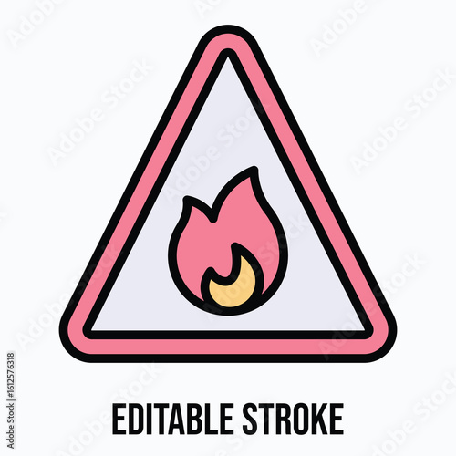 Fire Hazard Sign, Danger Warning Vector Icon, Isolated Vector Lineal Color Style Icon, Editable Stroke.