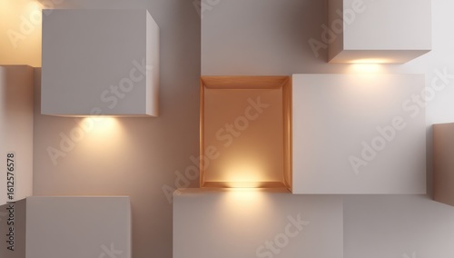 Abstract composition of white and gold cubes in varying sizes, arranged in a grid-like pattern, illuminated from within and above. Smooth textures and soft light create depth