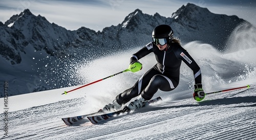 Ski Racer Speeding Down Snowy Mountain Slope