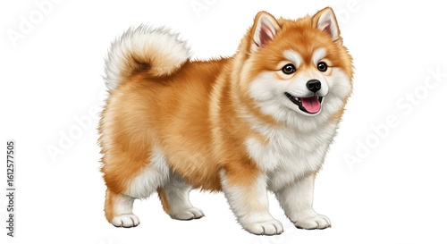 Standing Dog with Fluffy Tail and Orange Fur on White Background