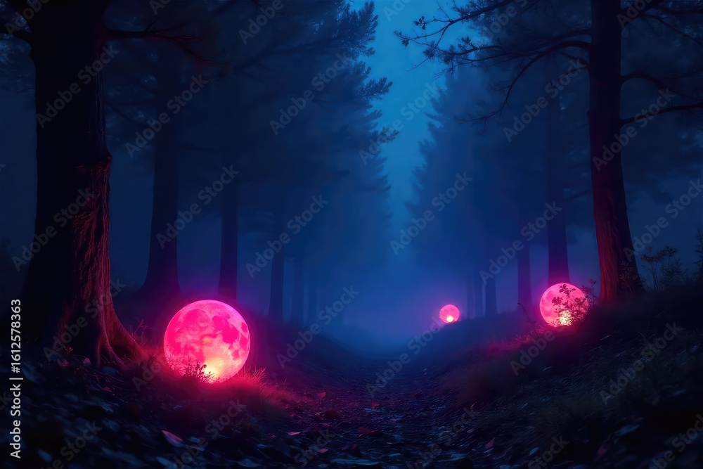 Fototapeta premium Mysterious nighttime scene with objects illuminated by an ethereal, midnight glow Perfect for fantasy, magic, or mystery themes Dark background accentuates the luminescence , enigmatic, ethereal