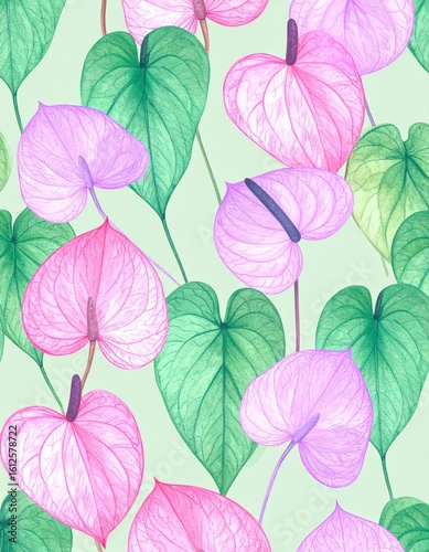 A detailed botanical illustration featuring pink and purple anthurium flowers with green heart-shaped leaves on a pale green background.
