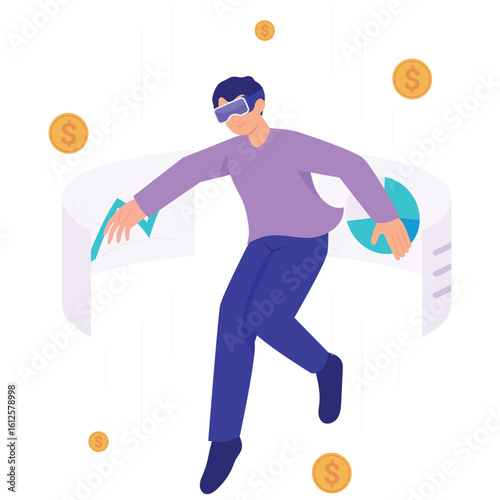 Metaverse Illustration. Vector illustration of A man analyzes charts and financial data in a digital metaverse space using immersive tools and virtual dashboards. Isolated on background