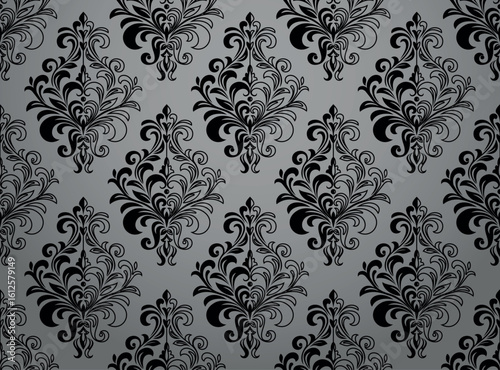Wallpaper in the style of Baroque. Gray and black floral ornament. Seamless vector background. Graphic pattern for fabric, wallpaper, packaging. Ornate Damask flower illustration