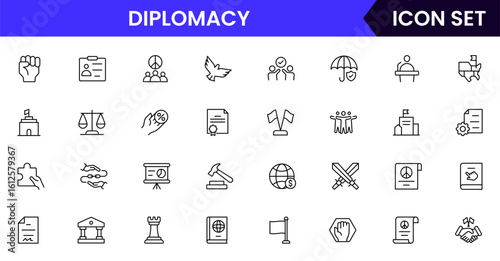 Diplomacy vector line icons featuring handshake, peace symbols, globes, negotiations, treaties, communication, alliances, embassies, international relations, and conflict resolution elements.
