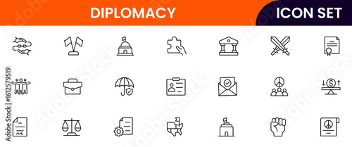 Diplomacy vector line icons featuring handshake, peace symbols, globes, negotiations, treaties, communication, alliances, embassies, international relations, and conflict resolution elements.
