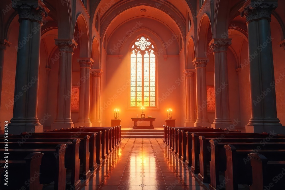 Fototapeta premium Serene church interior bathed in the warm glow of candlelight, creating a peaceful and contemplative atmosphere Perfect for religious, spiritual, or meditation themes , darkness, calm