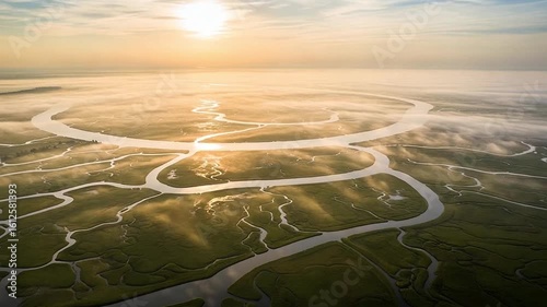 Aerial view video of Sunrise Over River Delta. Cinematic Aerial View Morning Fog Landscape in 4K