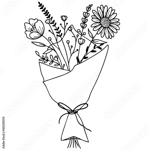 Wildflower bouquet in kraft paper wrap — delicate black and white floral line art illustration

