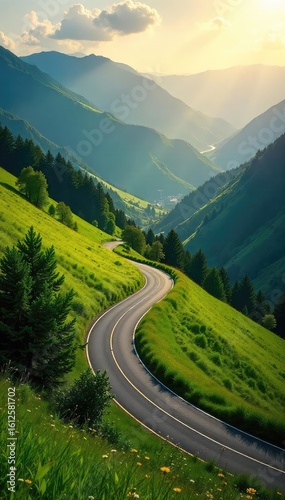 Serene winding road cuts through lush green hills, bathed in golden sunlight Perfect for travel, nature, and landscape projects , summer, rural, environment
