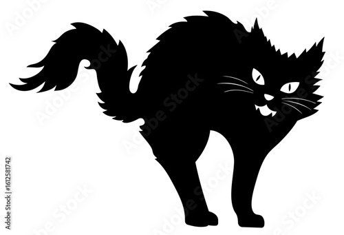 Frightened Black Cat with Arched Back and Fluffed Fur — Classic Halloween Silhouette Symbol of Fear, Instinctive Reaction, Superstition and Spooky Animal Posture

