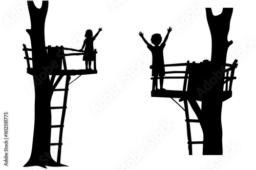 Silhouettes of Children Playing in Treehouses with Raised Hands