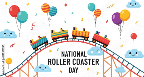 Cheerful Roller Coaster Train with Balloons Celebrating National Roller Coaster Day, Featuring Colorful Cars on a Winding Track, Surrounded by Confetti and Smiling Clouds for a Festive Theme Park Vibe