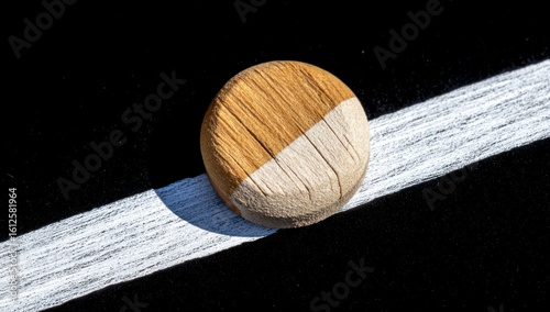 Round wooden object, partially painted white, sits on a white line against a stark black background. Shadow cast to left. Contrasting textures of wood grain and line details