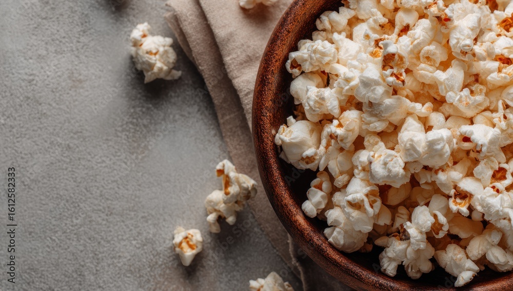 Fresh popcorn overflowing from a wooden bowl, beside a folded linen cloth, set against a textured grey background Fresh popcorn overflowing from a wooden bowl, beside a folded linen cloth, set against a textured grey background