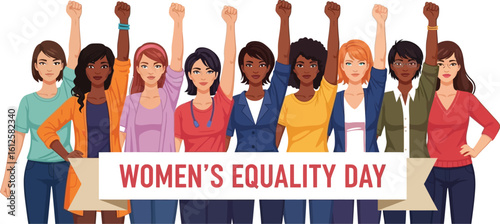 Empowered Diverse Women Celebrating Women's Equality Day Featuring Raised Fists in a Group, Promoting Gender Equality and Female Empowerment