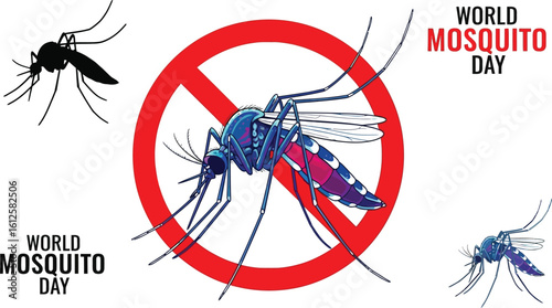 Vibrant Illustration of Mosquitoes with a Red Prohibition Sign for World Mosquito Day, Emphasizing Prevention and Awareness of Mosquito-Borne Diseases and the Importance of Public Health Initiatives