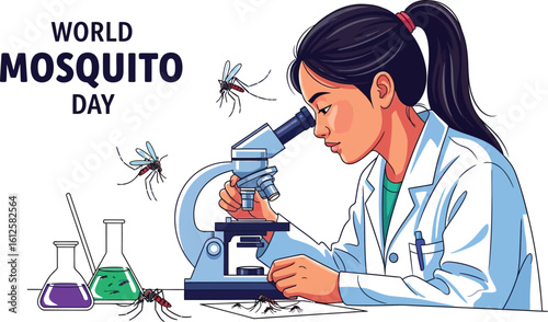 Informative Illustration Featuring a Scientist Examining Mosquitoes Under a Microscope for World Mosquito Day, Highlighting Research and Awareness of Mosquito-Borne Diseases