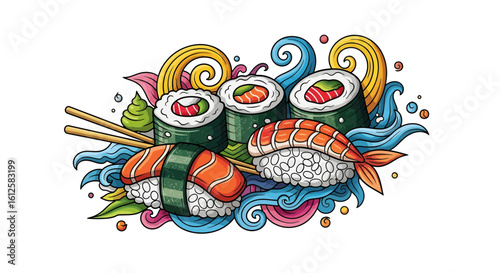 Colorful Sushi Rolls with Chopsicks in Artistic Environment