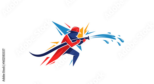 Firefighter Extinguishing Flames in Urban Environment, Dynamic Illustration, Bold and Vibrant Style