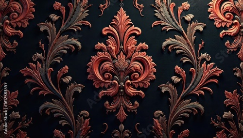 Intricate damask pattern on rich, dark Victorian-era wallpaper Elegant swirls and floral motifs create a luxurious, vintage aesthetic perfect for design projects , dark, moody, historical