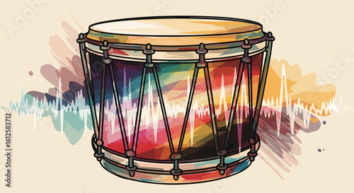 Vibrant Drum Performance, Musical Instrument, Cultural Event, Digital Illustration, Artistic Environment, Side View, Celebration of Rhythm