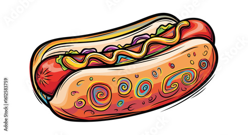 Delicious Hot Dog Delight, Food, Street Fair, Illustration, Vibrant Environment, Close-Up, Culinary Joy