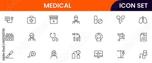 Medical vector line icons featuring stethoscopes, syringes, pills, hospitals, doctors, heartbeats, first aid, diagnostics, and healthcare equipment symbols.