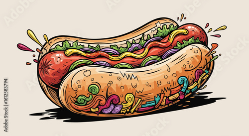Colorful Hot Dogs with Toppings, Graphic Design, Whimsical Environment, Artistic Perspective