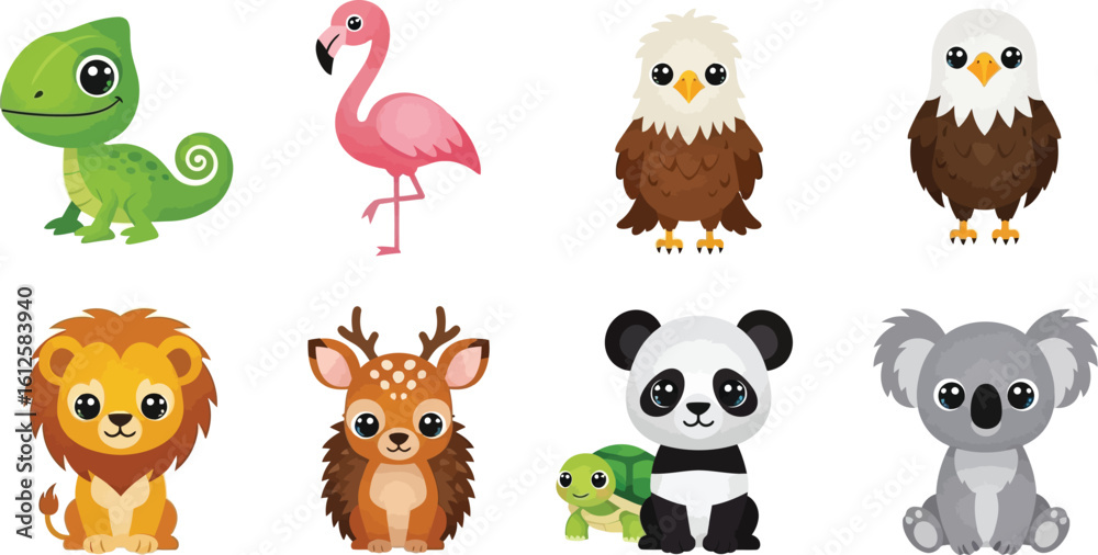 Fototapeta premium Cute cartoon animals vector illustration set for kids books and educational materials