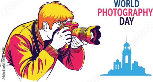 Vibrant Illustration Featuring Photographer with Camera and Cityscape Silhouette Celebrating World Photography Day, Ideal for Creative Projects and Event Promotions