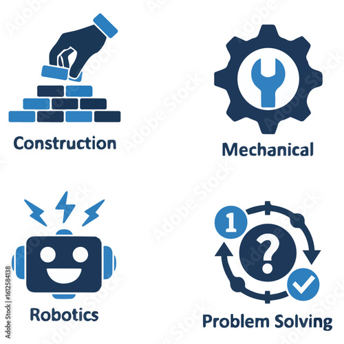 Icon set showing construction mechanical robotics and problem solving with blue and white colorscheme