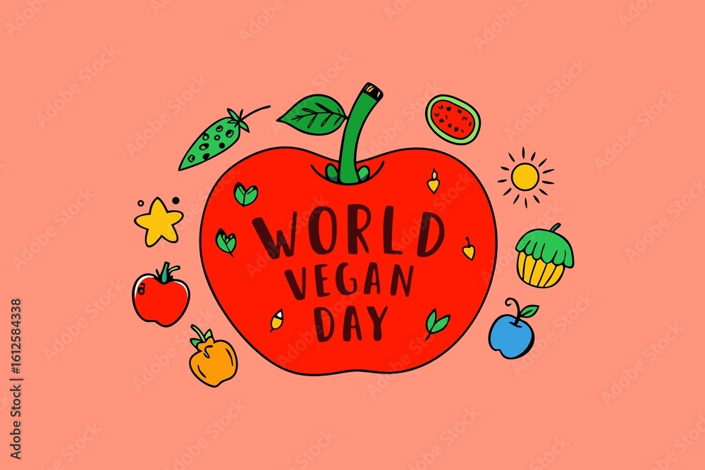 Obraz premium Celebrating World Vegan Day with Colorful Fruit and Vegetable Doodles on a Salmon Background