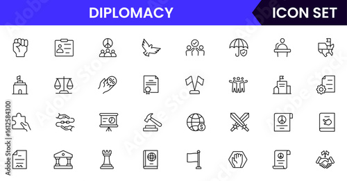 Diplomacy vector line icons featuring handshake, peace symbols, globes, negotiations, treaties, communication, alliances, embassies, international relations, and conflict resolution elements.