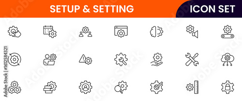 Setup and setting vector line icons featuring gears, sliders, tools, preferences, configurations, controls, adjustments, customization, system options, and interface elements.