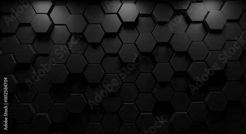 A dark wall of uniform, hexagonal, matte black tiles, creating a modern, high-tech, and geometric honeycomb pattern background.