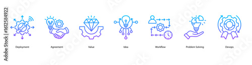 Agile workflow web banner icon vector illustration with agreement values, idea exchange, streamlined workflow, problem solving, DevOps practices, and agile productivity.