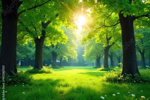 Lush green leaves and vibrant foliage fill a tranquil park scene, sunlight dappling through the canopy  Perfect for nature, spring, summer, and environmental themes ,  green,  organic,  parkland