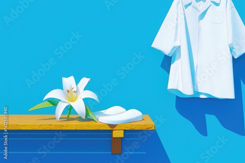 White shirt with lily on table, elegant floral illustration, simple blue background, modern flat design